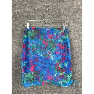 Mesh Ruched Mini Skirt Women's XL Blue Pink Abstract  Drawstring